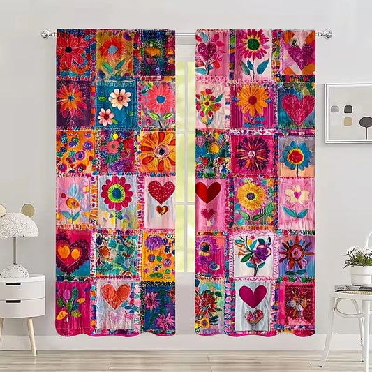 2PC Boho Patchwork Floral Heart Sheer Curtains - Colorful Retro Art Print Window Drapes for Living Room Bedroom Home Decor