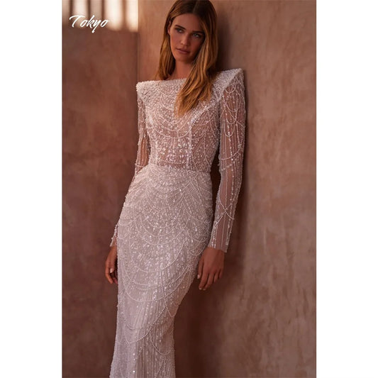 Tokyo Customized White O-Neck Wedding Dress Long Sleeves Back Zip Bridal Veil 2025 Elegant Mermaid Floor-Length Wedding Gown