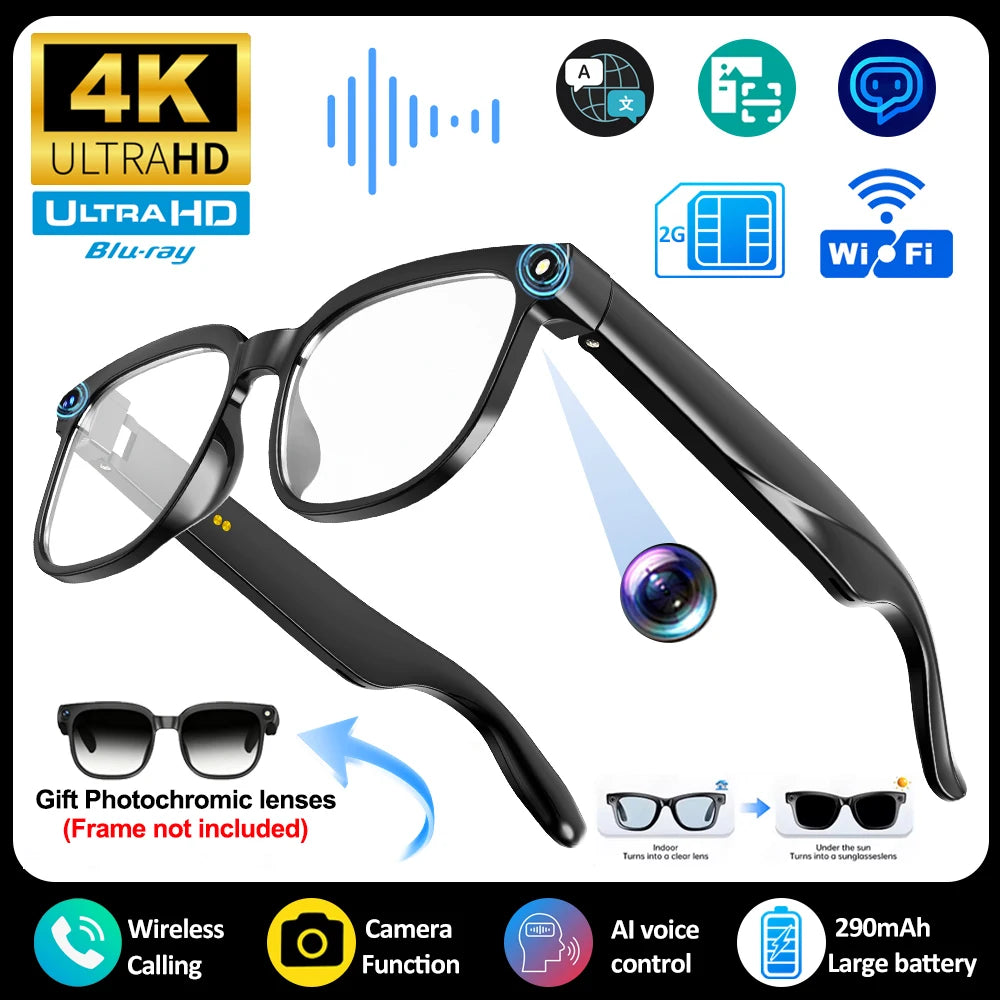 Smart AI Translation Smart Glasses Take Photos Recognizing Objects 4K Camera Bluetooth Music Call Intelligent Recording Glasses