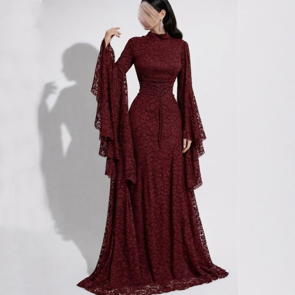 Customized Formal Grace Evening Gowns Lace Pleat High Collar A-line Long Dresses Bespoke Occasion Elegant Party Dress