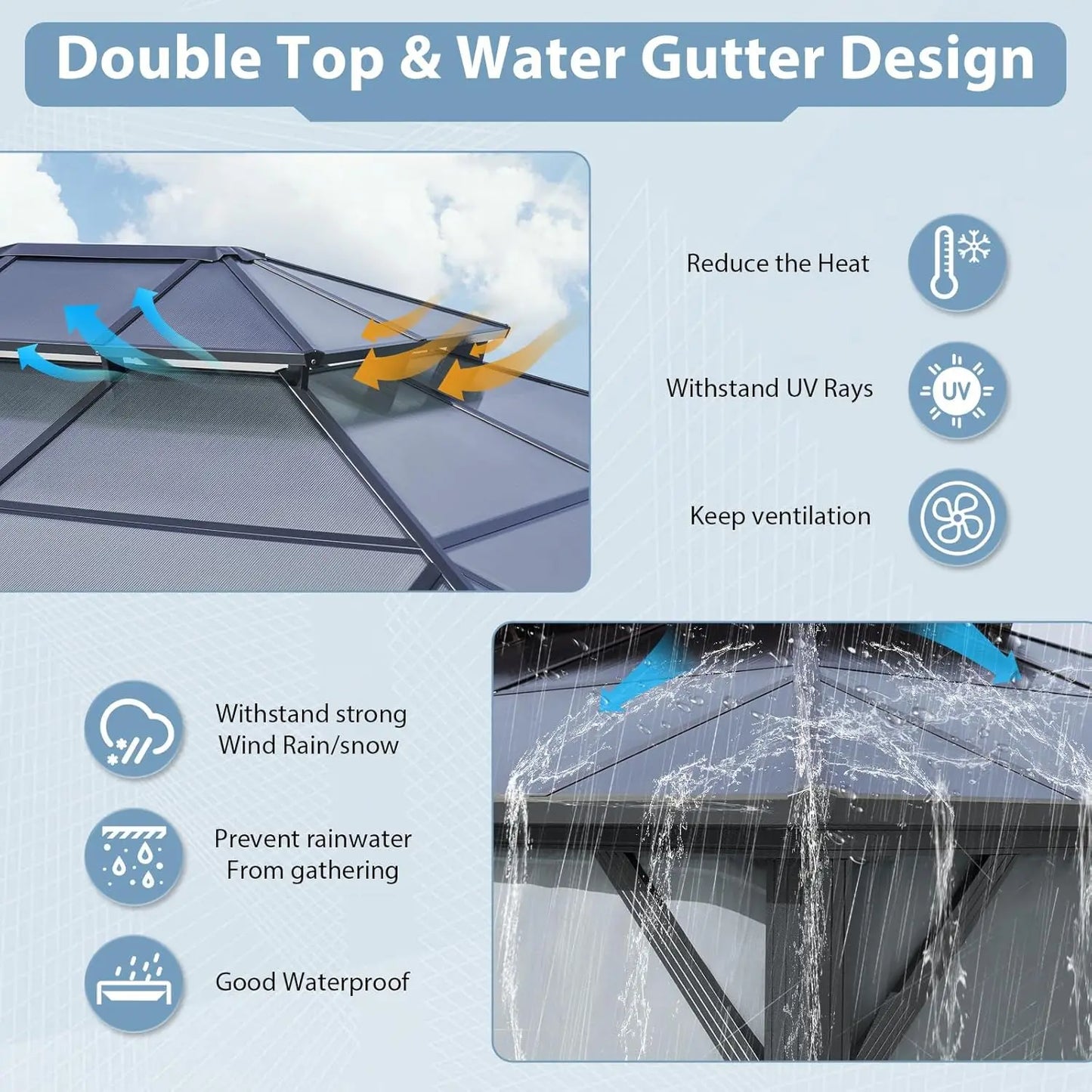 10x12 Hardtop Gazebo with Double Polycarbonate Roof, Aluminum Frame, Curtains & Netting for Patio Garden Lawn