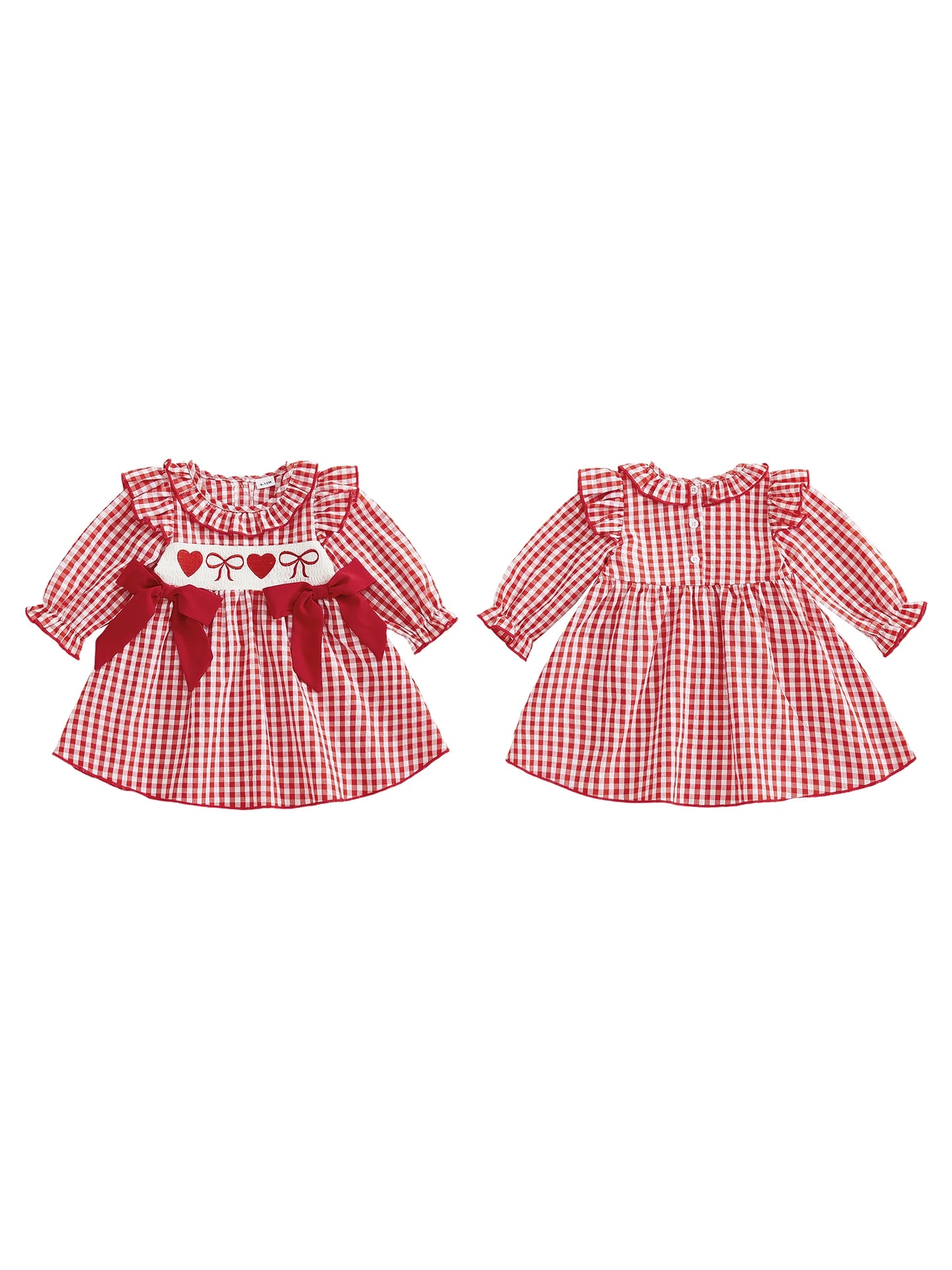 Toddler Girls Valentine s Day Dress Heart Bow Embroidery Long Sleeve Ruffled Round Neck Plaid Dress