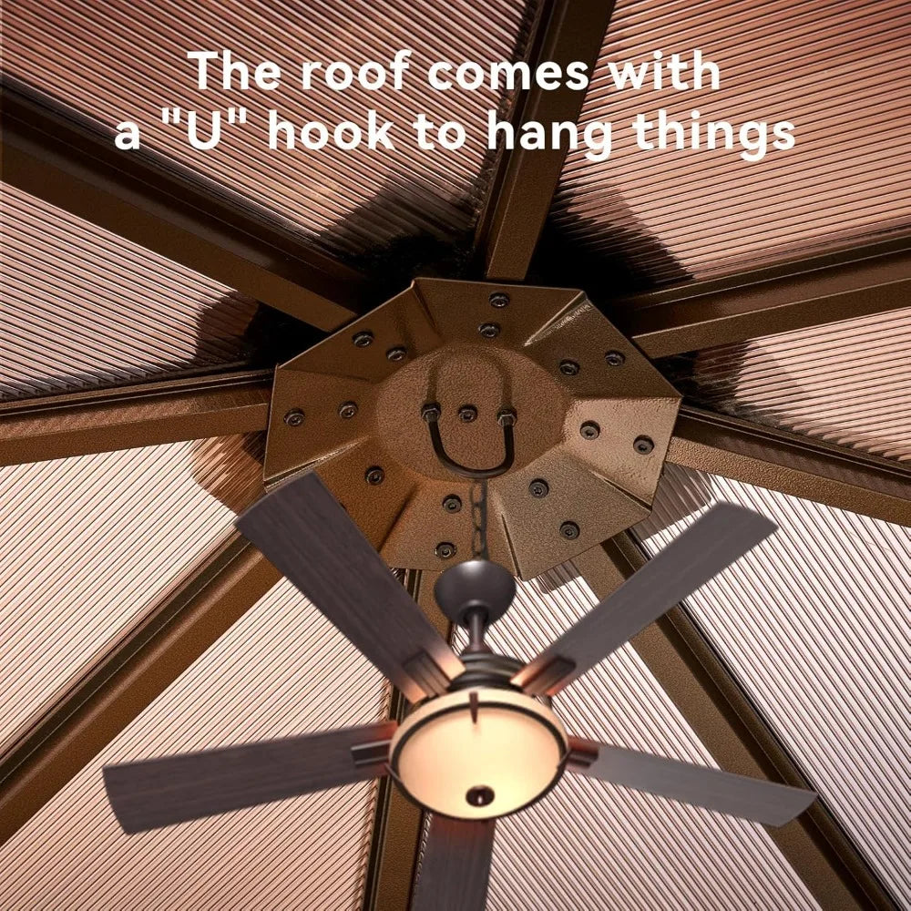 10' x 12' Gazebo Single Polycarbonate Top, Outdoor Aluminum Frame Permanent Gazebo with Curtains and Netting, for Patio