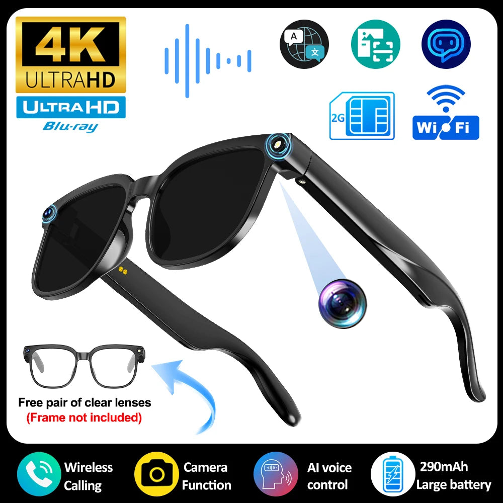 Smart AI Translation Smart Glasses Take Photos Recognizing Objects 4K Camera Bluetooth Music Call Intelligent Recording Glasses