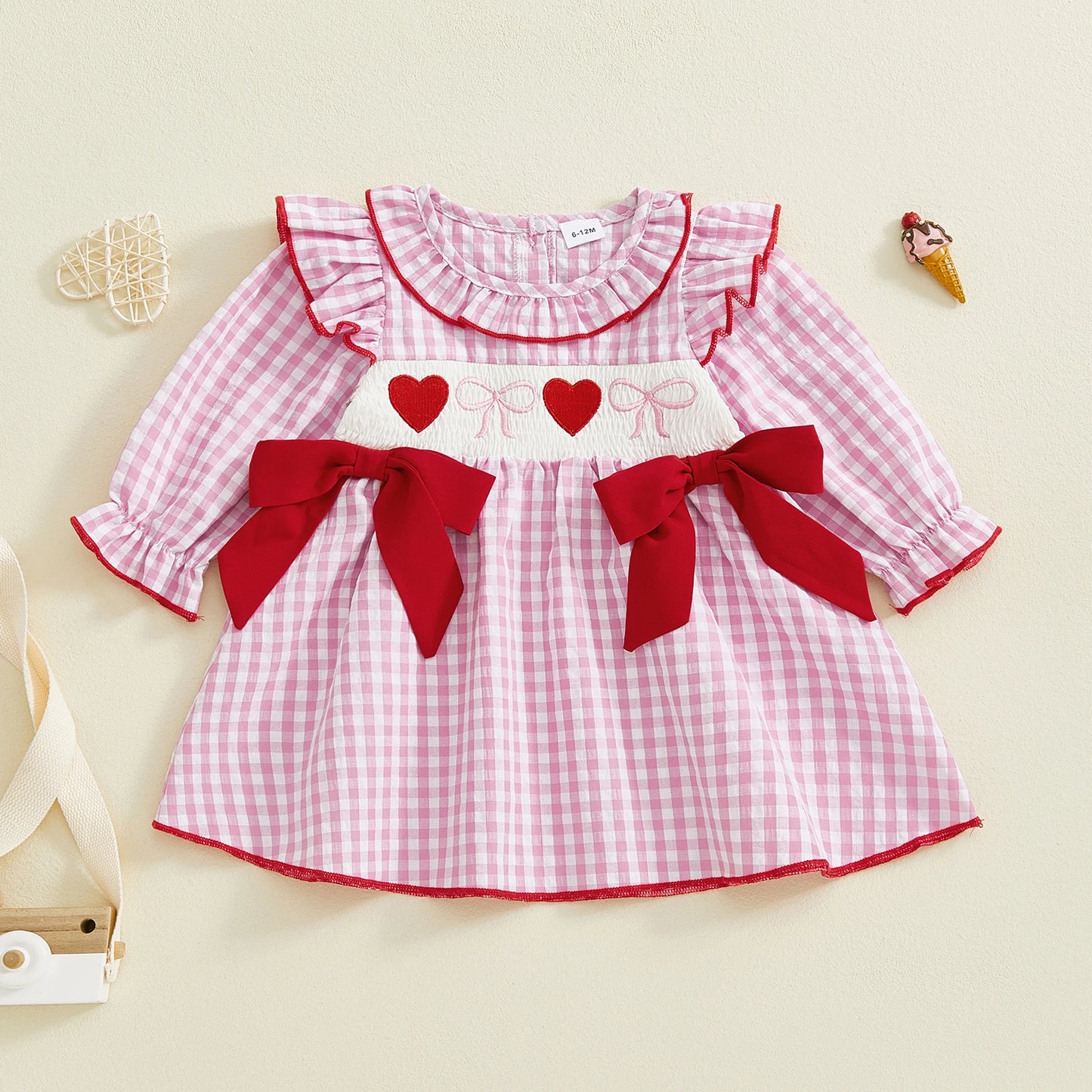 Toddler Girls Valentine s Day Dress Heart Bow Embroidery Long Sleeve Ruffled Round Neck Plaid Dress