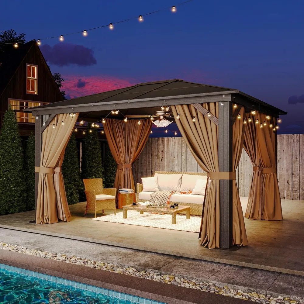 10' x 12' Gazebo Single Polycarbonate Top, Outdoor Aluminum Frame Permanent Gazebo with Curtains and Netting, for Patio