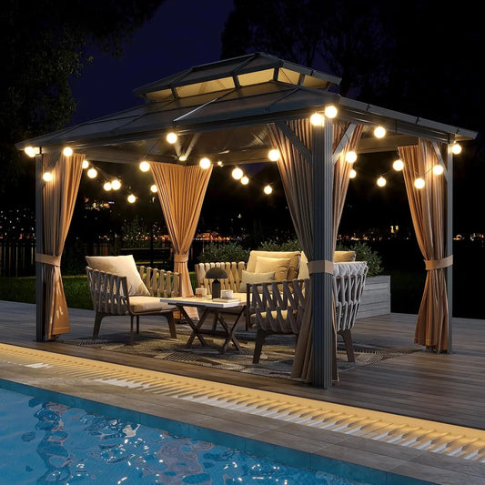 10'x13' Gazebo, Hardtop Outdoor Polycarbonate Double Roof Canopy, Aluminum Frame Permanent Pavilion with Curtains, Customized