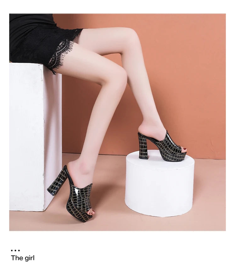 Aphixta 10.5cm Square Heels Platform Slides Women Mules Design Peep Toe Slippers Sandals Summer Cool Shoes Female Big Size 41