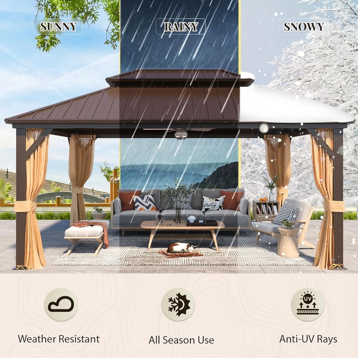 12' x 16' Hardtop Gazebo with Galvanized Steel Double Roof, Aluminum Pergolas Frame, Curtains and Netting Included,, Customized