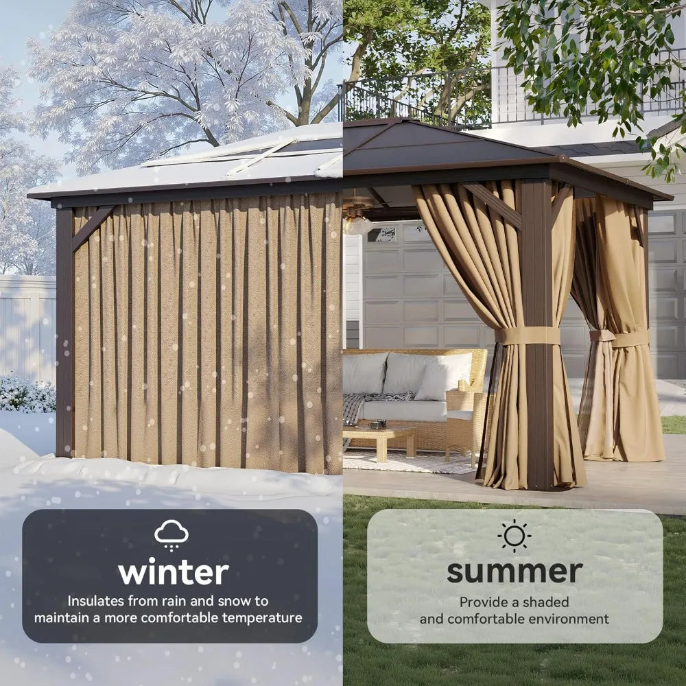 10' x 12' Gazebo Single Polycarbonate Top, Outdoor Aluminum Frame Permanent Gazebo with Curtains and Netting, for Patio