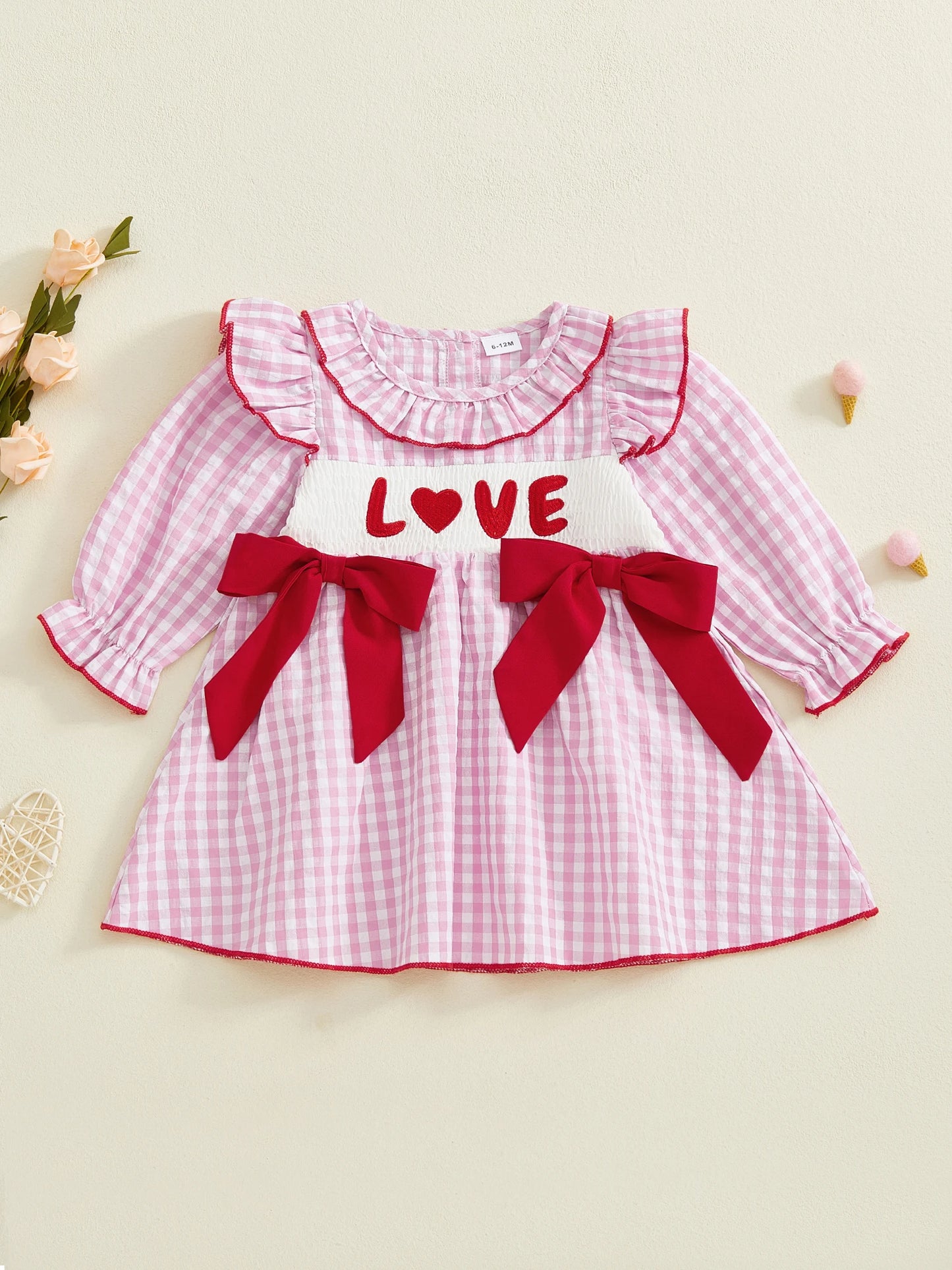 Toddler Girls Valentine s Day Dress Heart Bow Embroidery Long Sleeve Ruffled Round Neck Plaid Dress
