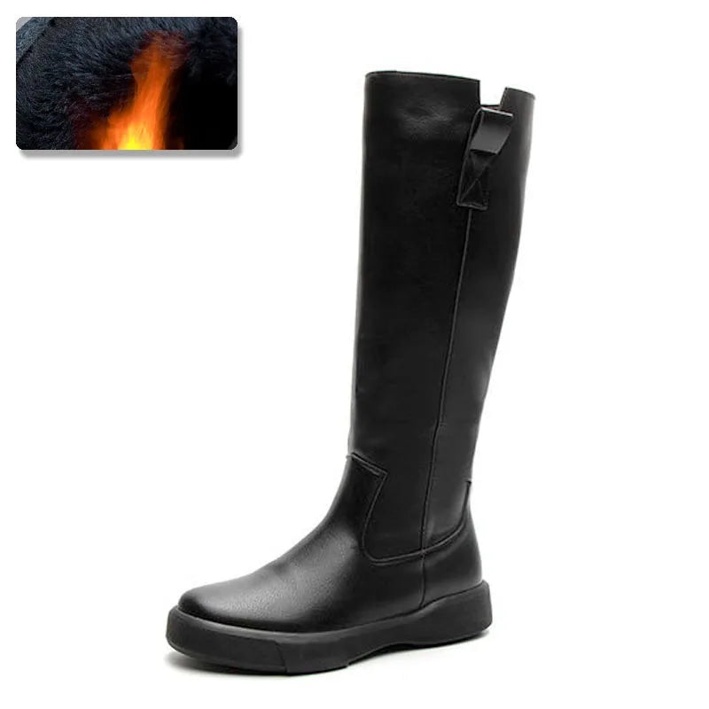 Women Long Boots Genuine Leather Thick-soled Women's Winter Boots Warm Plush Knee High Boots Ladies Motorcycle Booties WSH4973