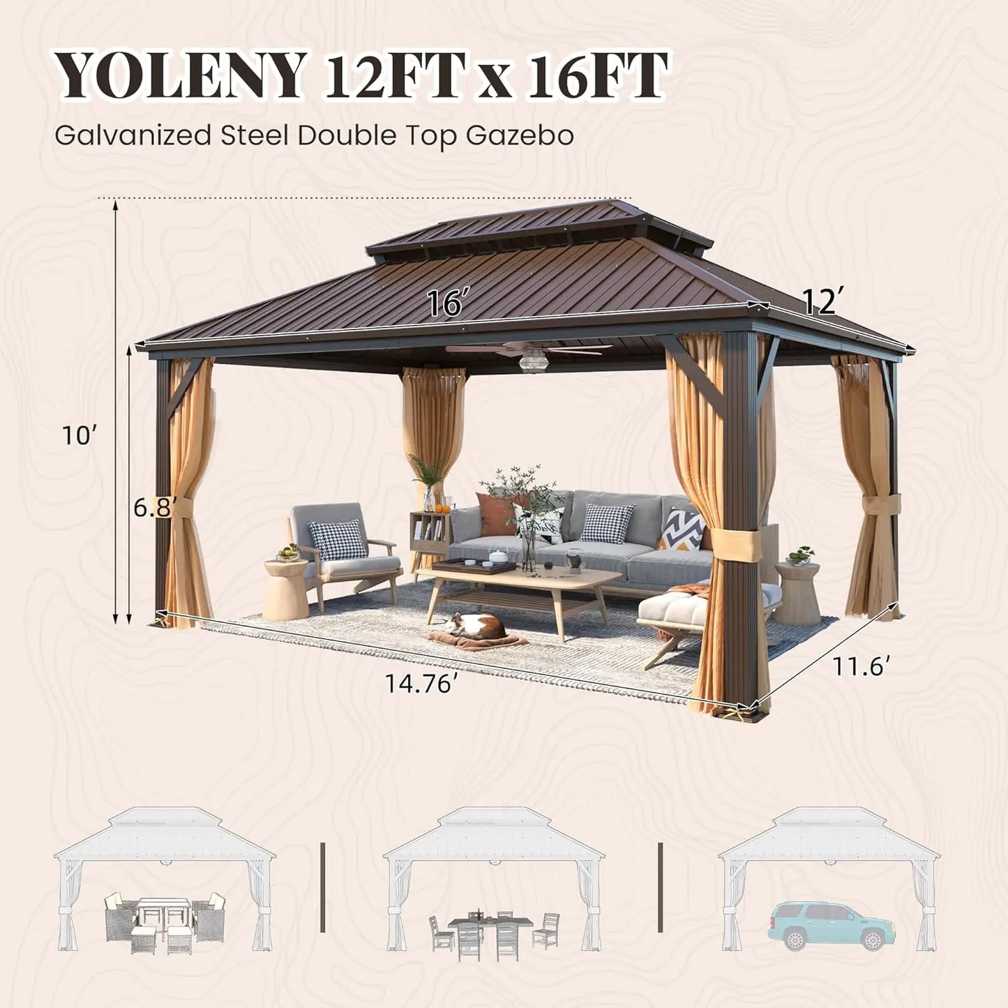 12' x 16' Hardtop Gazebo with Galvanized Steel Double Roof, Aluminum Pergolas Frame, Curtains and Netting Included,, Customized