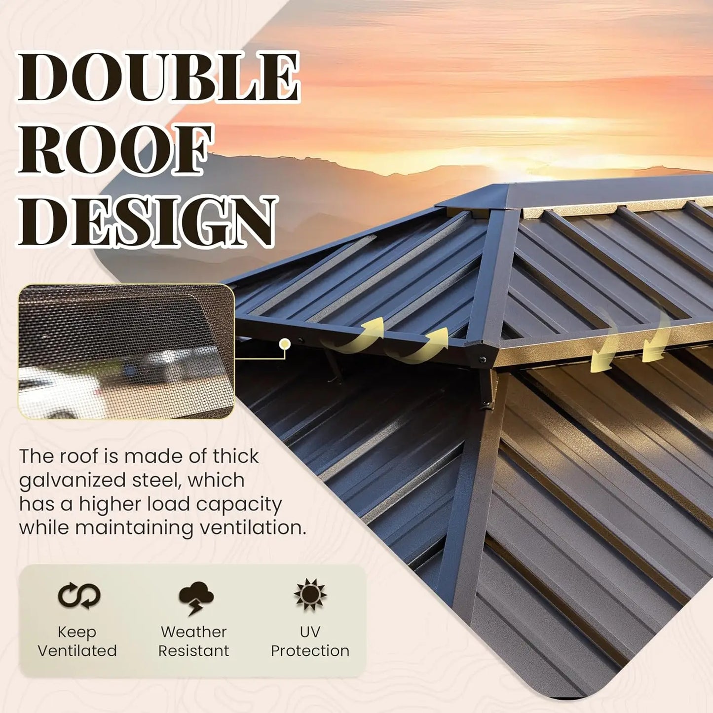 12' x 16' Hardtop Gazebo with Galvanized Steel Double Roof, Aluminum Pergolas Frame, Curtains and Netting Included,, Customized