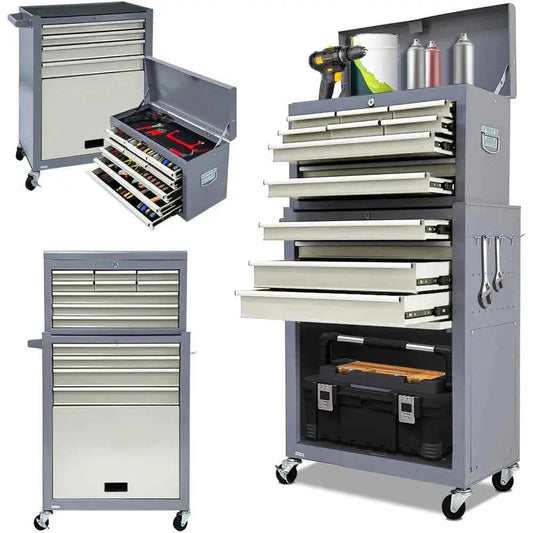 Gray 2-in-1 Mobile Rolling Tool Chest with Detachable Drawers, Large Lockable Metal Toolbox for Garage Workshop