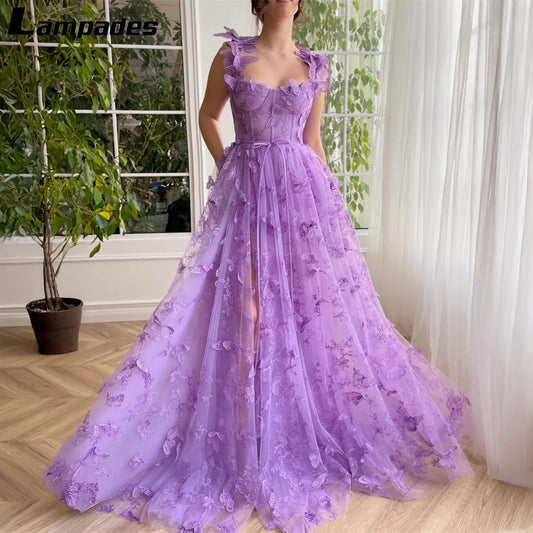 Customized Spaghetti Straps High Slit Prom Dress Lace Up Back Butterfly Lace Evening Formal Dresses for Women Homecoming Dress