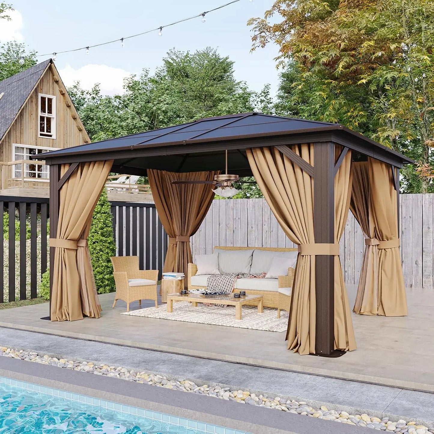 10' x 12' Gazebo Single Polycarbonate Top, Outdoor Aluminum Frame Permanent Gazebo with Curtains and Netting, for Patio