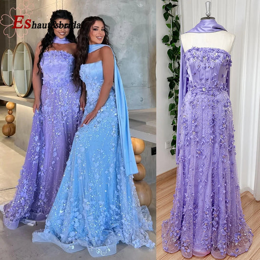 Elegant Aline 3D Flower Lace Evening Dress with Shawl Long Formal Prom Wedding Party Gown for Women Dubai Arabia 2026 Customized