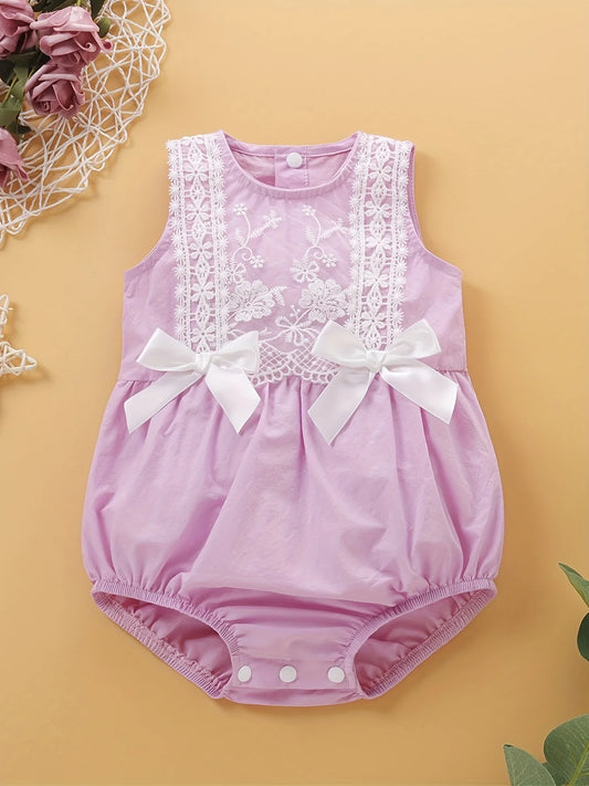 Summer Princess Style Baby Girl Romper Lace Trim No-Sleeve Embroidery Double Butterfly Knot Decor Crawling Clothes