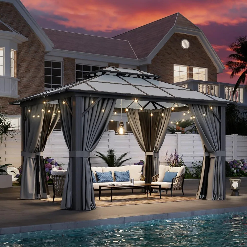 10x12 Hardtop Gazebo with Double Polycarbonate Roof, Aluminum Frame, Curtains & Netting for Patio Garden Lawn
