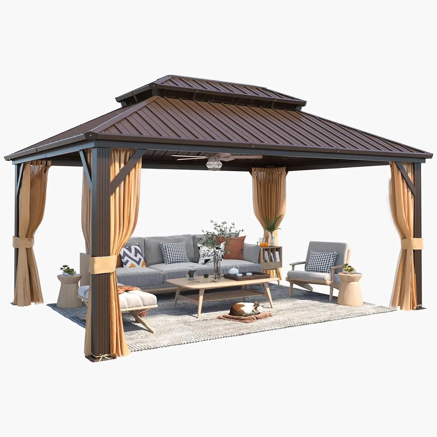 12' x 16' Hardtop Gazebo with Galvanized Steel Double Roof, Aluminum Pergolas Frame, Curtains and Netting Included,, Customized