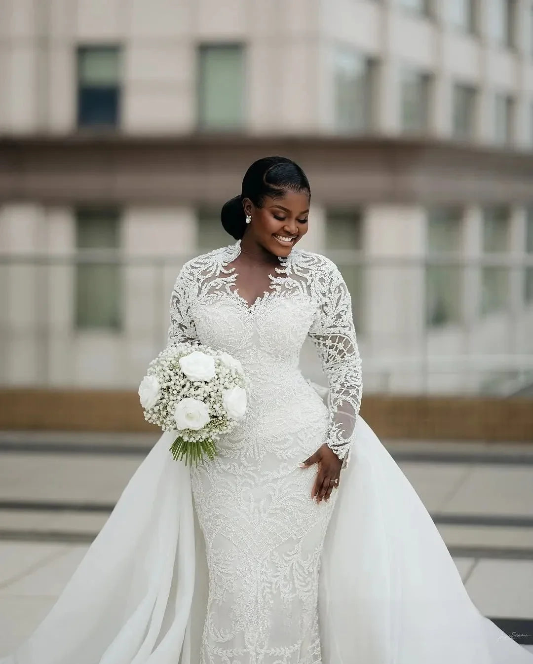 Customized African Plus Size Mermaid Wedding Dress Illusion Detachable Train Long Sleeves Lace Beaded Bridal Gowns for Bride