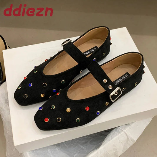 Luxury Rhinestones Fashion Shallow Women Ballet Flats Shoes Female Crystal Footwear Buckle Strap Ladies Flats Mary Janes Shoes