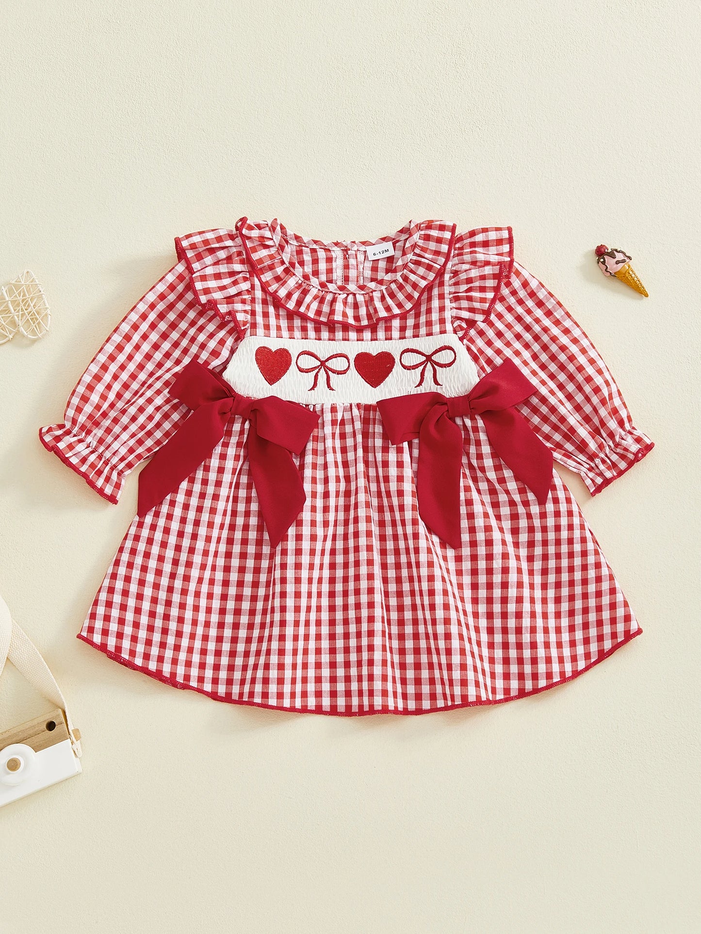 Toddler Girls Valentine s Day Dress Heart Bow Embroidery Long Sleeve Ruffled Round Neck Plaid Dress