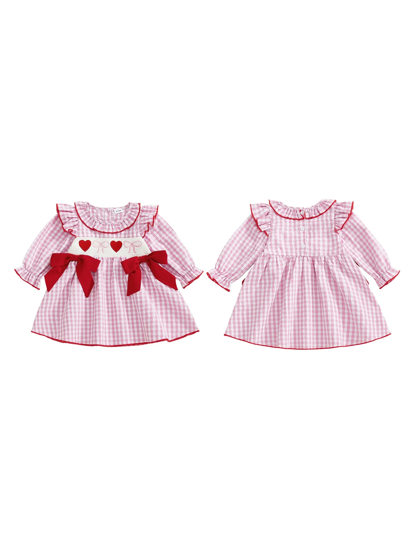 Toddler Girls Valentine s Day Dress Heart Bow Embroidery Long Sleeve Ruffled Round Neck Plaid Dress
