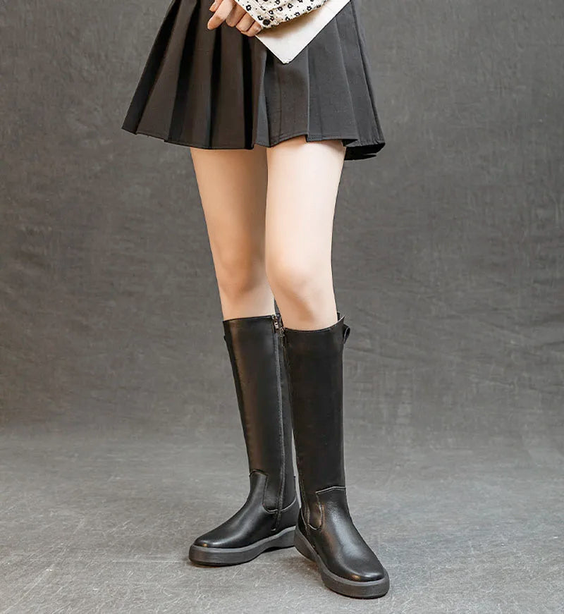 Women Long Boots Genuine Leather Thick-soled Women's Winter Boots Warm Plush Knee High Boots Ladies Motorcycle Booties WSH4973