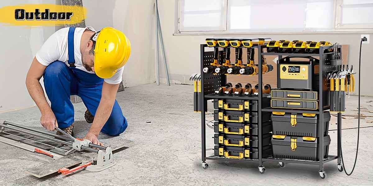 Geawokyie Power Tool Organizer With Charging Station, Rolling Tool Cart On Wheels With 12 Drills Holders, 5 Storage Shelves, Utility Rack Tool Box With Battery Charging Power Strip For Garage, Workshop, Other (Tool Organizers