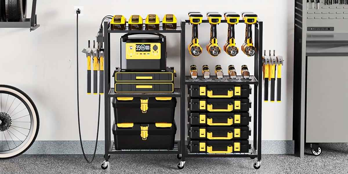 Geawokyie Power Tool Organizer With Charging Station, Rolling Tool Cart On Wheels With 12 Drills Holders, 5 Storage Shelves, Utility Rack Tool Box With Battery Charging Power Strip For Garage, Workshop, Other (Tool Organizers