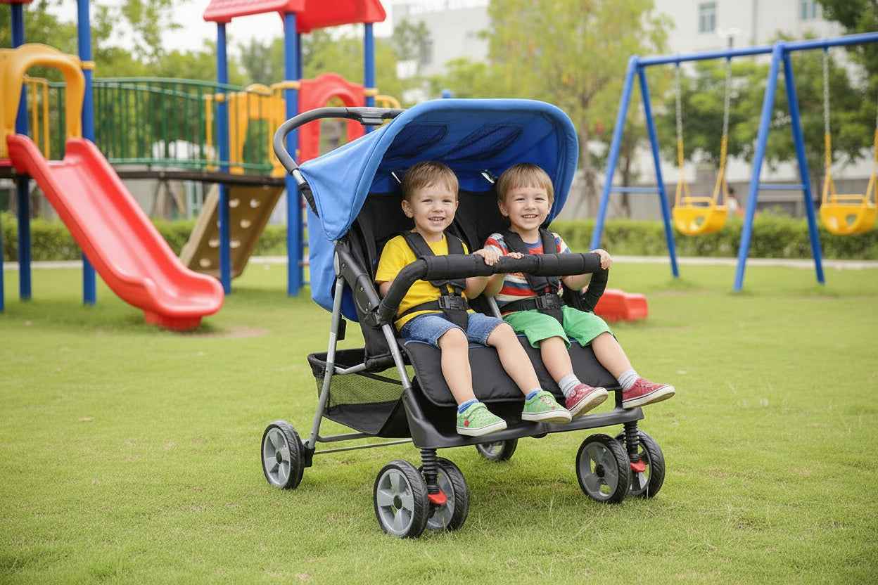 Passeggino Gemellare per 2 Bambini – Telaio in Acciaio | 6-36 Mesi | Blu o Grigio